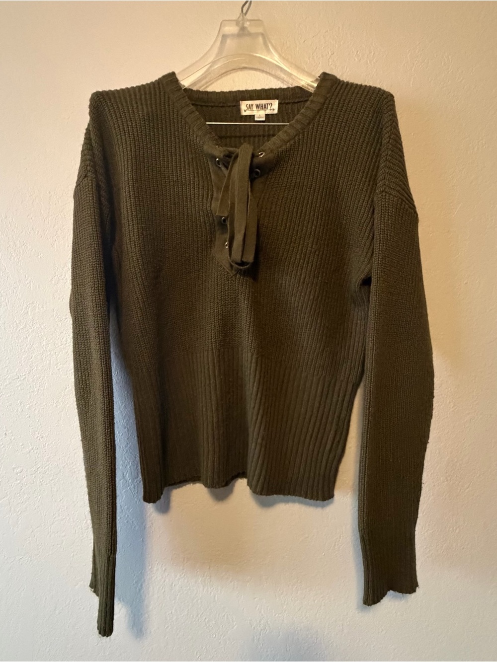 Say What, Womens Green Ribbed Lace Up Chest Knitted Pullover Sweater L